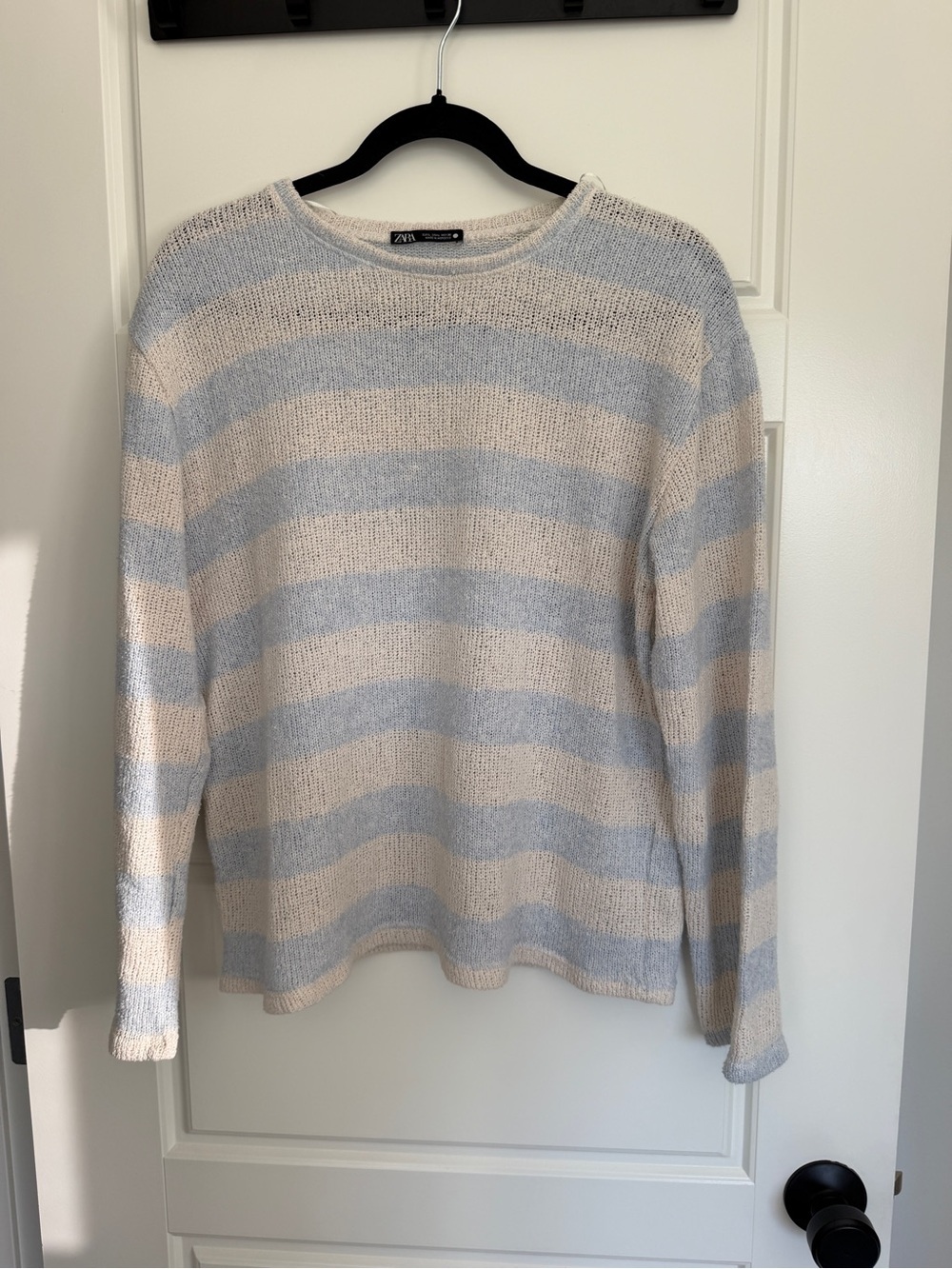 Zara Women's Linen Type Striped Crewneck Sweater in Cream and Light Blue